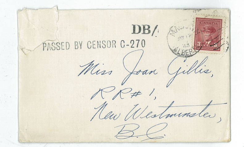 Envelope of a letter from Yoshio Nakamura to Joan Gillis, stamped with the information "Passed by Censor C-270"